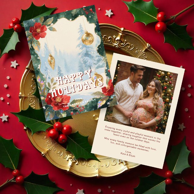 Cartão De Festividades Luxurious Red and Gold Christmas Ornament Photo (Winter Christmas Scene in Red Shades and Gold Christmas with Luxury Ornaments Holiday Card)