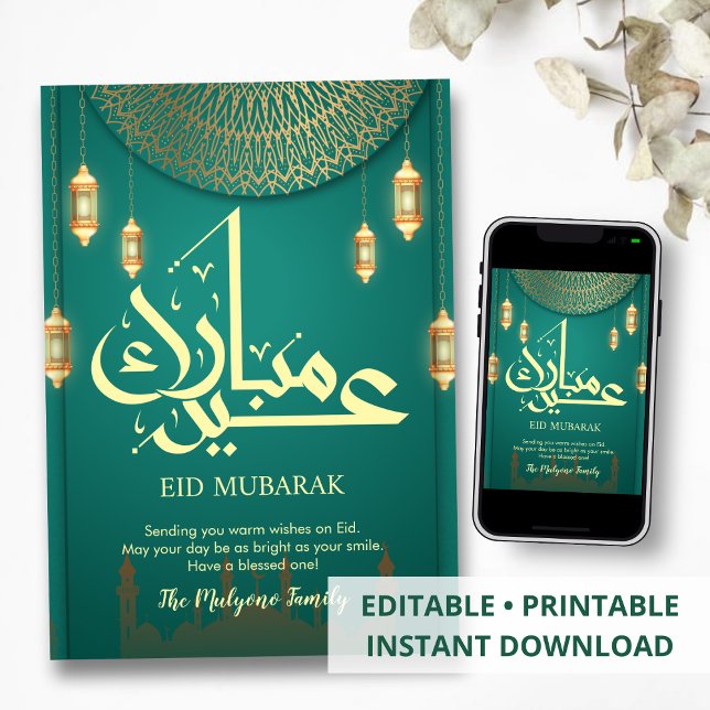 Cartão De Festividades Luxury Emerald Green and Gold Mandala Eid Card (Criador carregado)