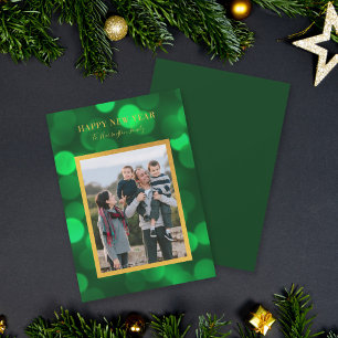 Cartão De Festividades Luzes Bokeh Verde Esmeralda Dourado Feliz Ano Novo