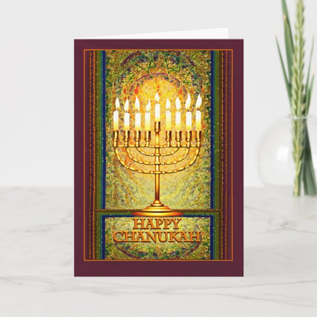 Cartão De Festividades Luzes de Chanukah, Menorah na janela de vitral (Frente)
