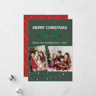 Cartão De Festividades Luzes de Corda com Padrão Tartan Natal 2 Fotos
