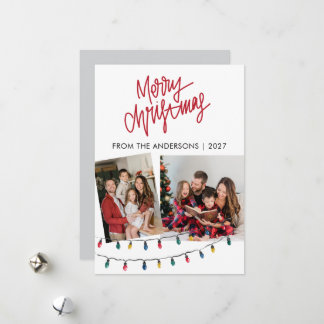 Cartão De Festividades Luzes de Corda e Fita Vermelha de Natal 2 Foto