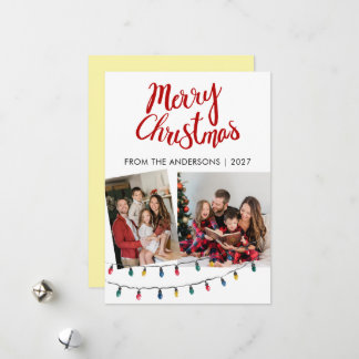 Cartão De Festividades Luzes de Corda e Fita Vermelha de Natal 2 Foto