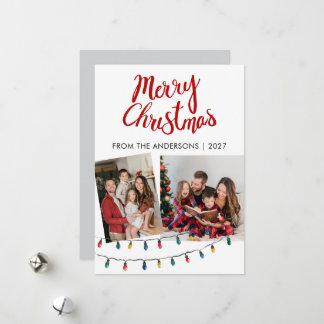 Cartão De Festividades Luzes de Corda e Fita Vermelha de Natal 2 Fotos