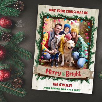 Cartão De Festividades Luzes de Garland com feliz e Bright Photo Christma