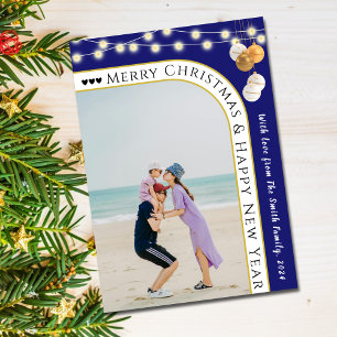 Cartão De Festividades Luzes de Natal da família de fotos de arco azul mo