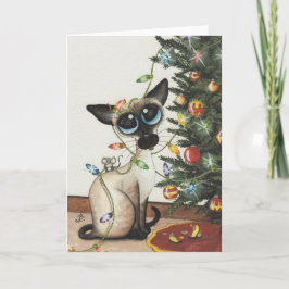 Cartão De Festividades Luzes de Natal do gato Siamese por AmyLyn Bihrle