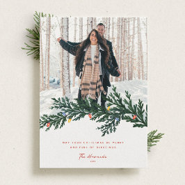 Cartão De Festividades Luzes de Natal e Foto Verde