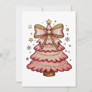 Cartão De Festividades Luzes de Natal Rosa Árvore Coquette Arco Aquarela