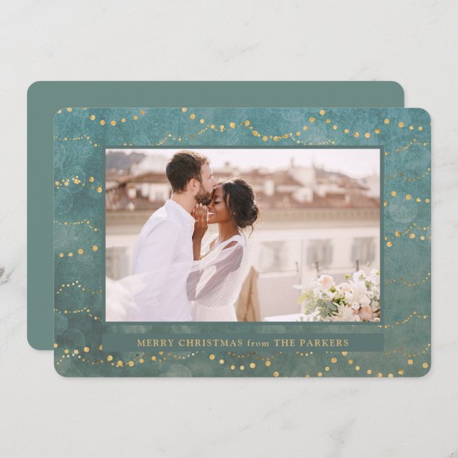 Cartão De Festividades Luzes Douradas | Natal de uma foto elegante (Frente/Verso)