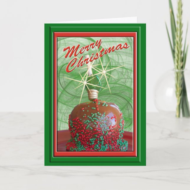 Cartão De Festividades Maçã de Caramelo Salpicada de Vermelho e Verde (Frente)