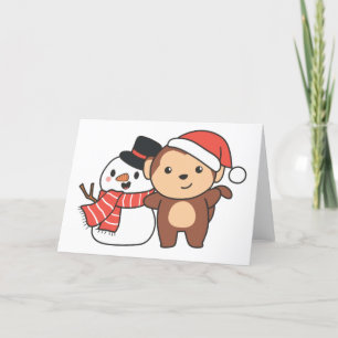 Cartão De Festividades Macaco Com Boneco de Neve No Inverno Para Férias D