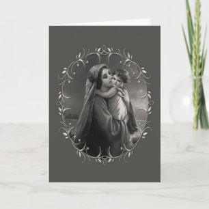 Cartão De Festividades Madonna Preta e Branca e Criança com Quadro Silver