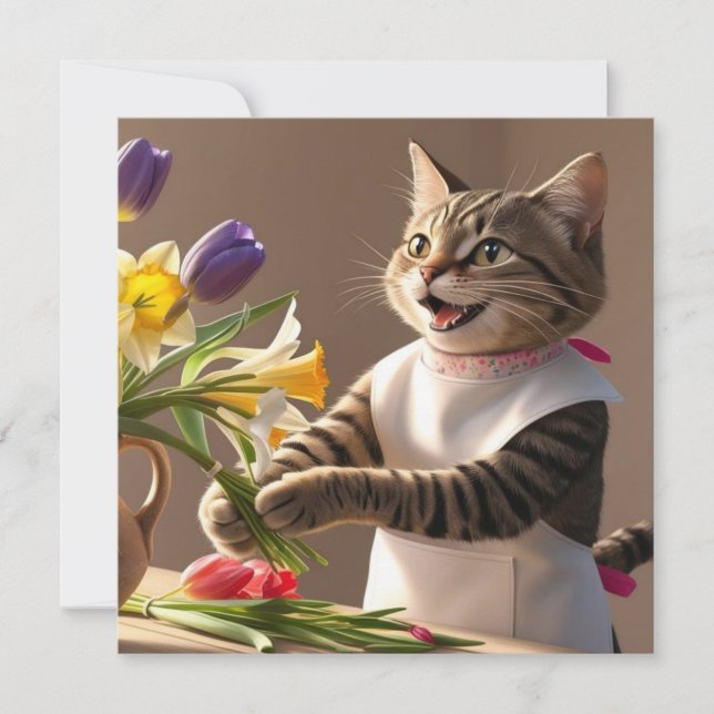 Cartão De Festividades Mãe do Gato está arranjando Flores Dia das Mães  (Frente)
