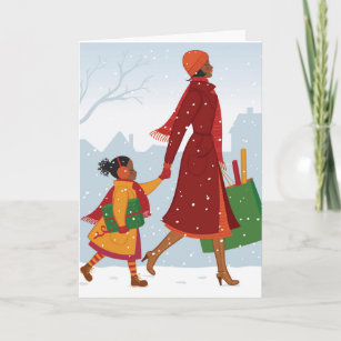 Cartão De Festividades Mãe e filha com presente e saco de compras