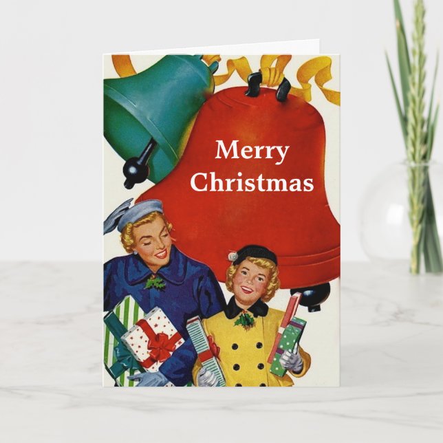 Cartão De Festividades Mãe e Filha de Natal de 1950 Comprando (Frente)