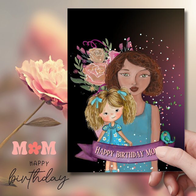 Cartão De Festividades Mãe e Filha Ilustração Placa de Aniversário floral (Mom and Daughter Illustration floral Birthday Card)