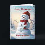 Cartão De Festividades Mãe e Pai de Natal Snowman<br><div class="desc">Uma cena festiva de inverno mostrando um bonitão de neve em um chapéu vermelho e cachecol. Deseje à sua mãe e ao seu pai um feliz Natal com um belo cartão de boneco de neve.</div>