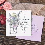 Cartão De Festividades Mãe, eu escolheria-te flores selvagens Mason Jar<br><div class="desc">Dia de as mães dizendo "se as mães fossem flores,  eu te escolheria" com flores silvestres no cartão de jarro mason que qualquer mãe adoraria obter. A parte de trás do cartão é a cor d'água roxa,  flores silvestres e mensagem personalizável.</div>