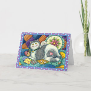 CARTÃO DE FESTIVIDADES MÃE GATO E COZINHO, TRABALHOS DE PATCHWORK, PINCUS