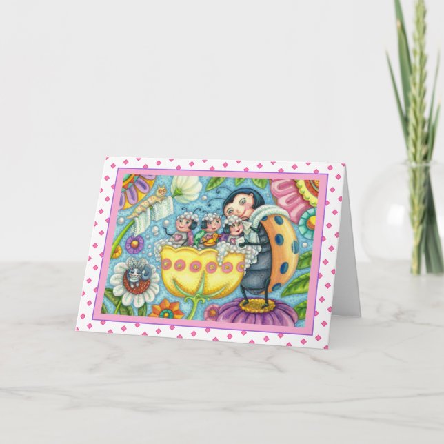 CARTÃO DE FESTIVIDADES MÃE LADYBUG E CRIANÇAS, TUBARÃO DE TULIP (Frente)