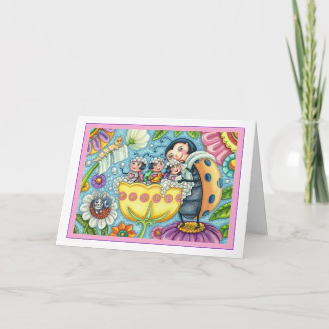 CARTÃO DE FESTIVIDADES MÃE LADYBUG E CRIANÇAS, TUBARÃO DE TULIP, BANHO H (Frente)