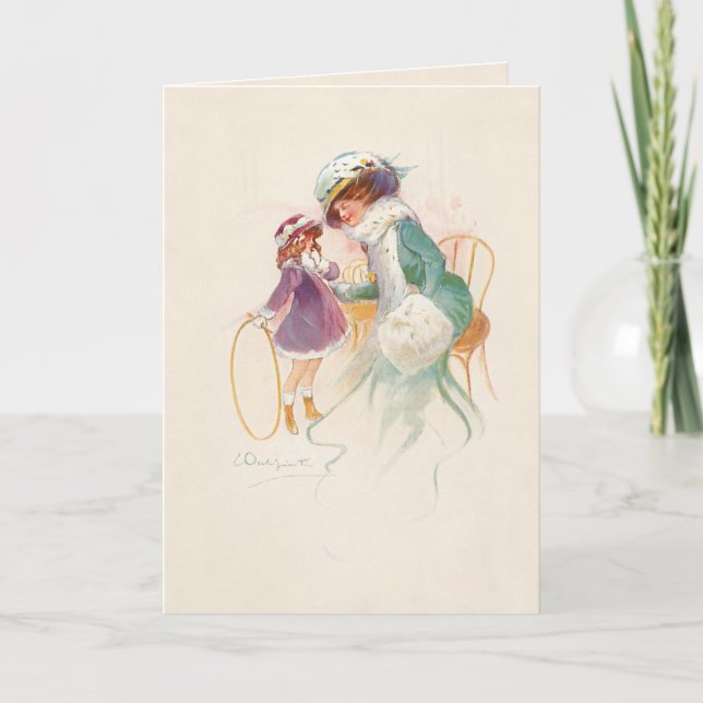 Cartão De Festividades Mãe Vitoriana bonito em Ermine com Filha (Frente)