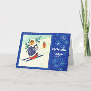 Cartão De Festividades Mágica do Natal, vintage Matryosha em esquis