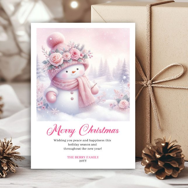 Cartão De Festividades Magical pink snowman Christmas kids card digital  (Magical pink snowman Christmas kids card digital download)