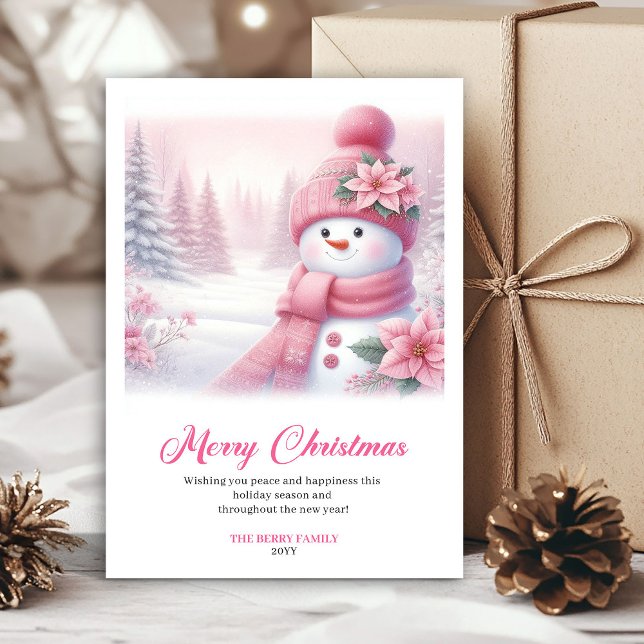 Cartão De Festividades Magical Pink Snowman Printable Christmas Scene  (Magical Pink Snowman Printable Christmas Scene Greeting Card

)