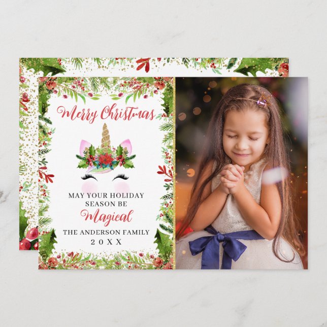 Cartão De Festividades Magical Unicorn Christmas Holly Berries 3 Foto (Frente/Verso)