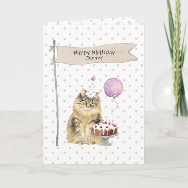 Cartão De Festividades Maine Coon Cat Birthday Polka Pontos (Frente)
