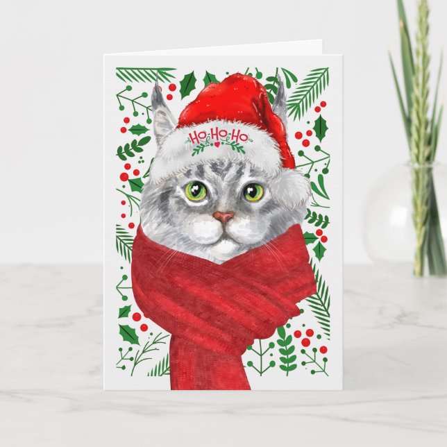 Cartão De Festividades Maine Coon Cat Santa Hat Meowy Christmas (Frente)