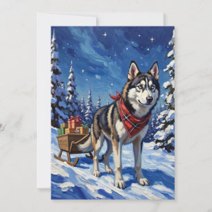 Cartão De Festividades Majestoso Husky Siberiano Puxando Trenó de Natal