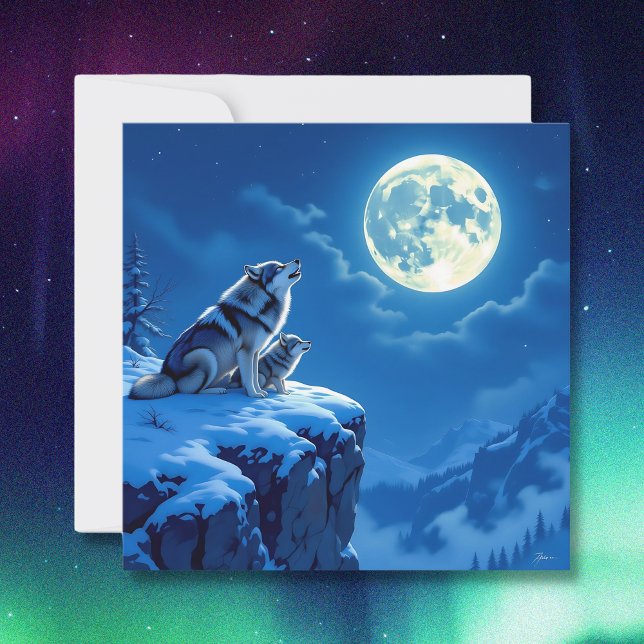 Cartão De Festividades Mama Wolf e seu Cub Howling na Lua (Criador carregado)