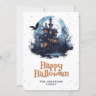 Cartão De Festividades Mansão Assombrada Raven Bats Moon Feliz Halloween