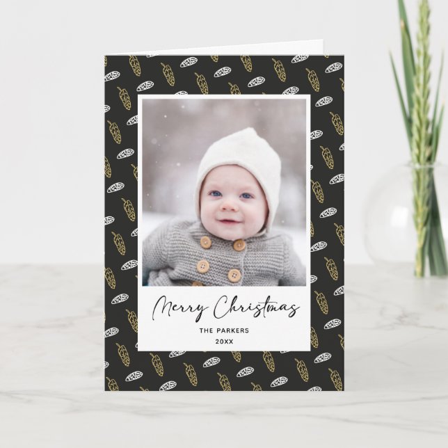 Cartão De Festividades Manuscrito Azul Moderno Dourado Pine Cone Natal (Frente)