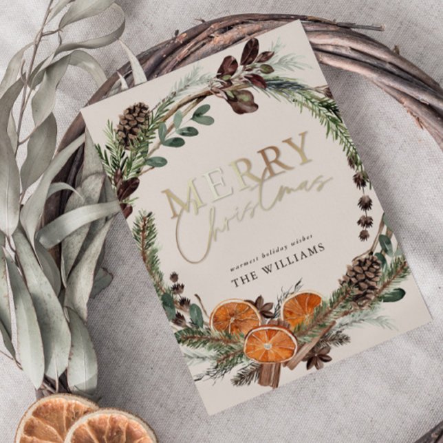 Cartão De Festividades Manuscrito Moderno e Dourado Citrus Wreath Christm (Criador carregado)