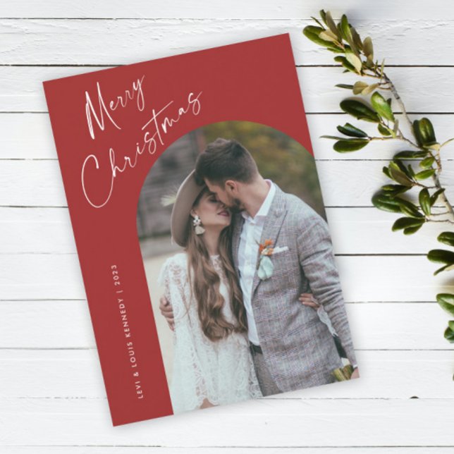Cartão De Festividades Manuscrito Simples Boho Arch Natal (Simple script boho arch photo Christmas holiday card with modern elegant handwritten typography.)