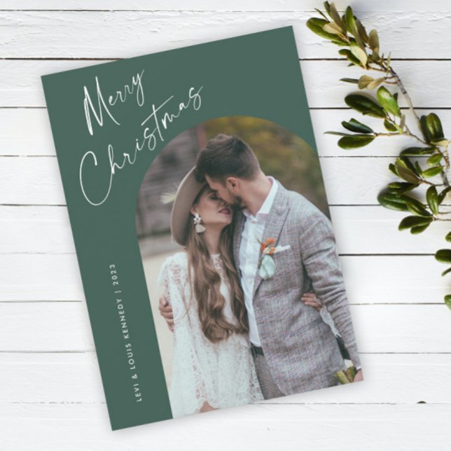 Cartão De Festividades Manuscrito Simples Boho Arch Natal (Simple script boho arch photo Christmas holiday card with modern elegant handwritten typography.)