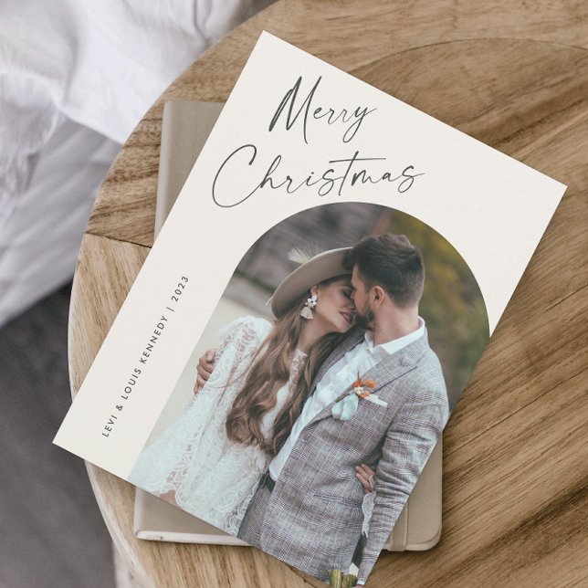Cartão De Festividades Manuscrito Simples Boho Arch Natal (Simple script boho arch photo Christmas holiday card with modern elegant handwritten typography.)