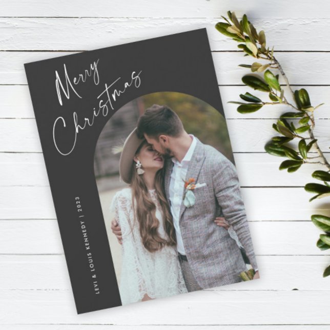 Cartão De Festividades Manuscrito Simples Boho Arch Natal (Simple script boho arch photo Christmas holiday card with modern elegant handwritten typography.)