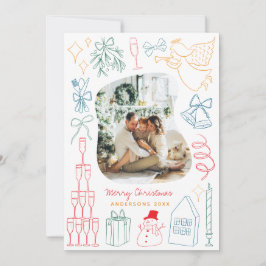 Cartão De Festividades Mão de Foto de Natal Colorida Quirky desenhada