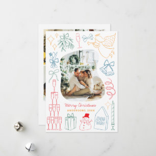 Cartão De Festividades Mão de Foto de Natal Colorida Quirky desenhada