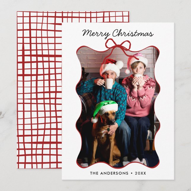 Cartão De Festividades Mão Vermelha Branca Desenhada Arco ondulado Natal (Frente/Verso)