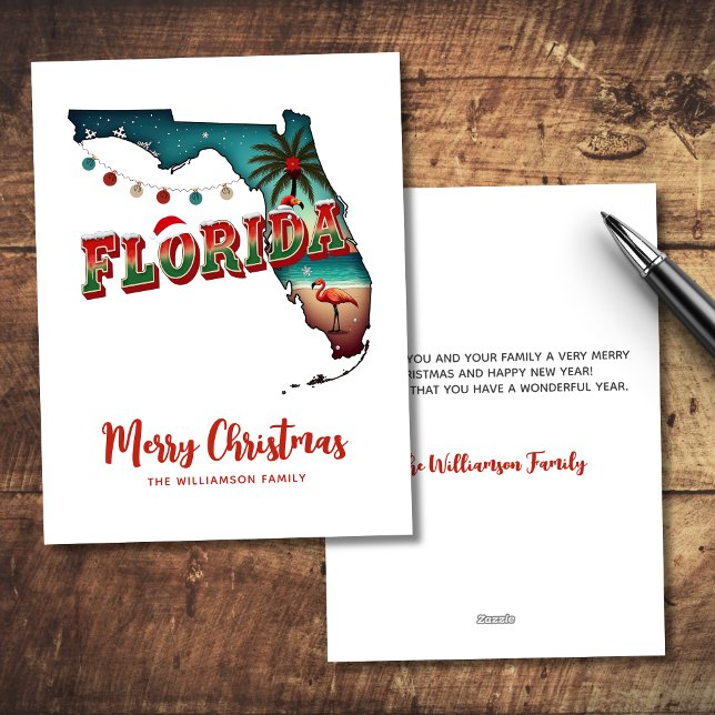Cartão De Festividades Mapa de Natal do Estado da Flórida (Personalize with your own text and family name via template.  Matching items available)
