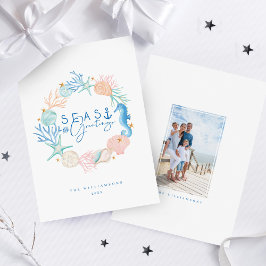 Cartão De Festividades Mar e Saudações Watercolor Seashell Wreath