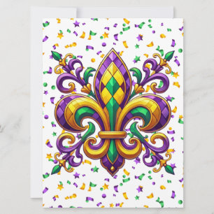 Cartão De Festividades Mardi Gras fleur de lis, verde-púrpura