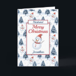 Cartão De Festividades Marido Christmas Snowman<br><div class="desc">Um cartão de Natal Marido adorável. O padrão do design apresenta bonitos bonitos bonitos bonitos bonecos vestindo chapéus e lenços vermelhos e neve azul cobertos de árvores, todos em um fundo de neve. Todo o texto pode ser alterado conforme necessário para personalizar e, em seguida, personalizar com uma mensagem de...</div>