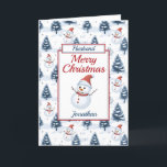 Cartão De Festividades Marido Christmas Snowman<br><div class="desc">Um cartão de Natal Marido adorável. O padrão do design apresenta bonitos bonitos bonitos bonitos bonecos vestindo chapéus e lenços vermelhos e neve azul cobertos de árvores, todos em um fundo de neve. Todo o texto pode ser alterado conforme necessário para personalizar e, em seguida, personalizar com uma mensagem de...</div>
